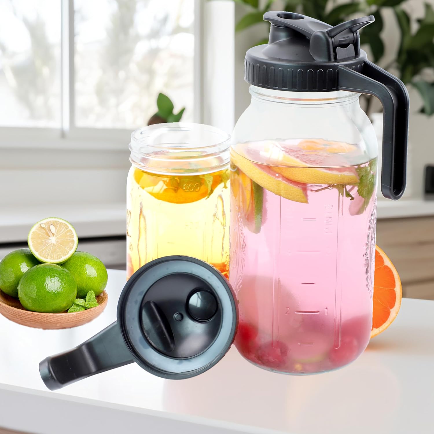 Mason Jar Pitcher With Pour Spout Lid (2 Pack) 32 Oz Wide Mouth Glass Pitcher With Handle And Flip Cap Lid 1 Quart Airtight Leak Proof Water Jugs For Iced Drinks, Iced Coffee, Milk, Lemonade