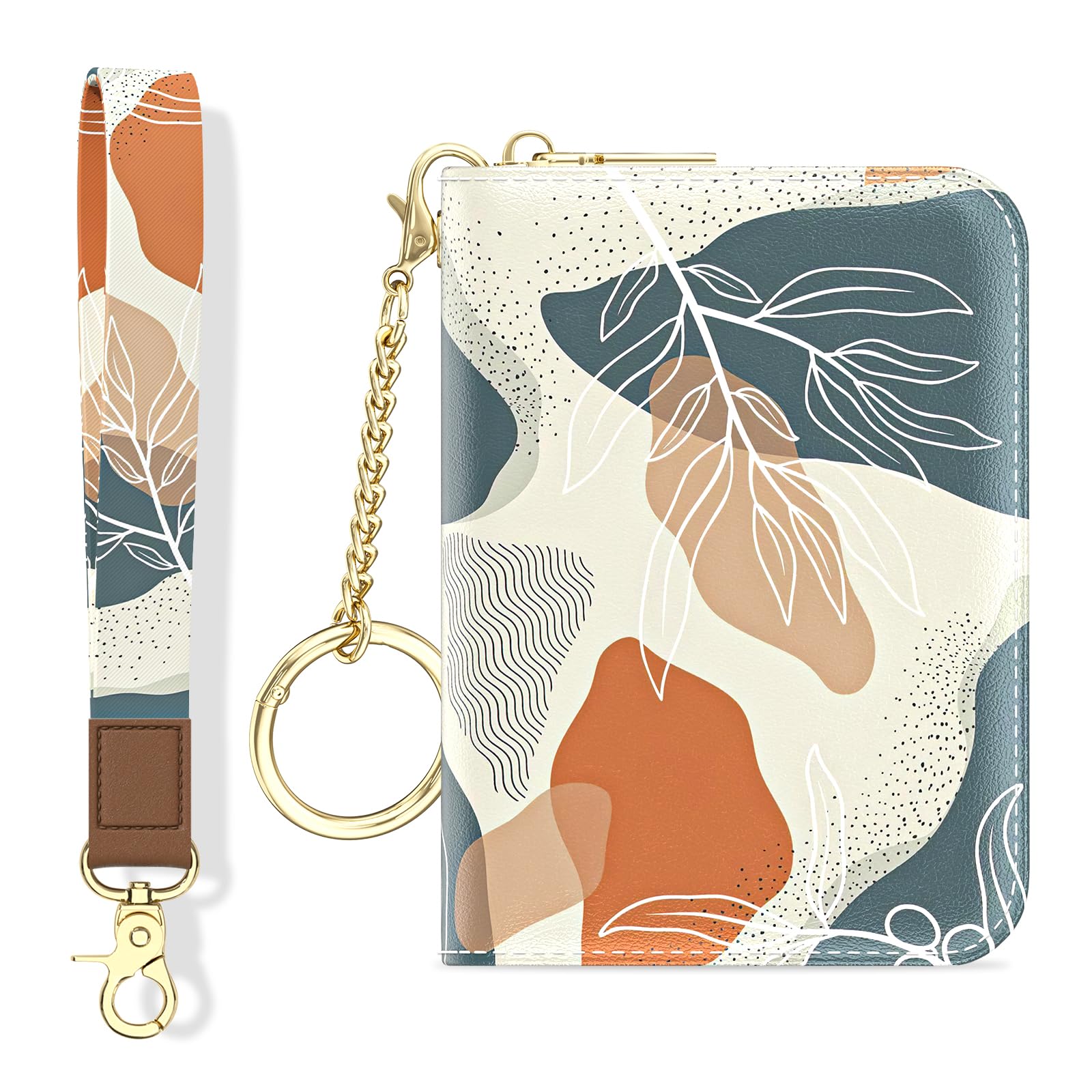 Credit Card Holder, Small RFID Wallet Slim Leather Card Organizer Case with Zipper and Keychain, Elegant Flowers