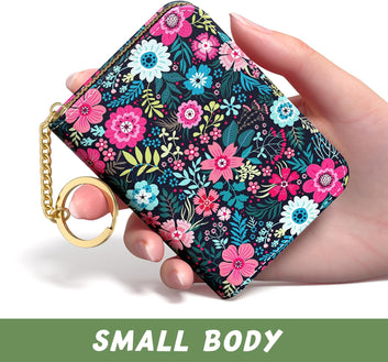 Credit Card Holder, Small RFID Wallet Slim Leather Card Organizer Case with Zipper and Keychain, Elegant Flowers