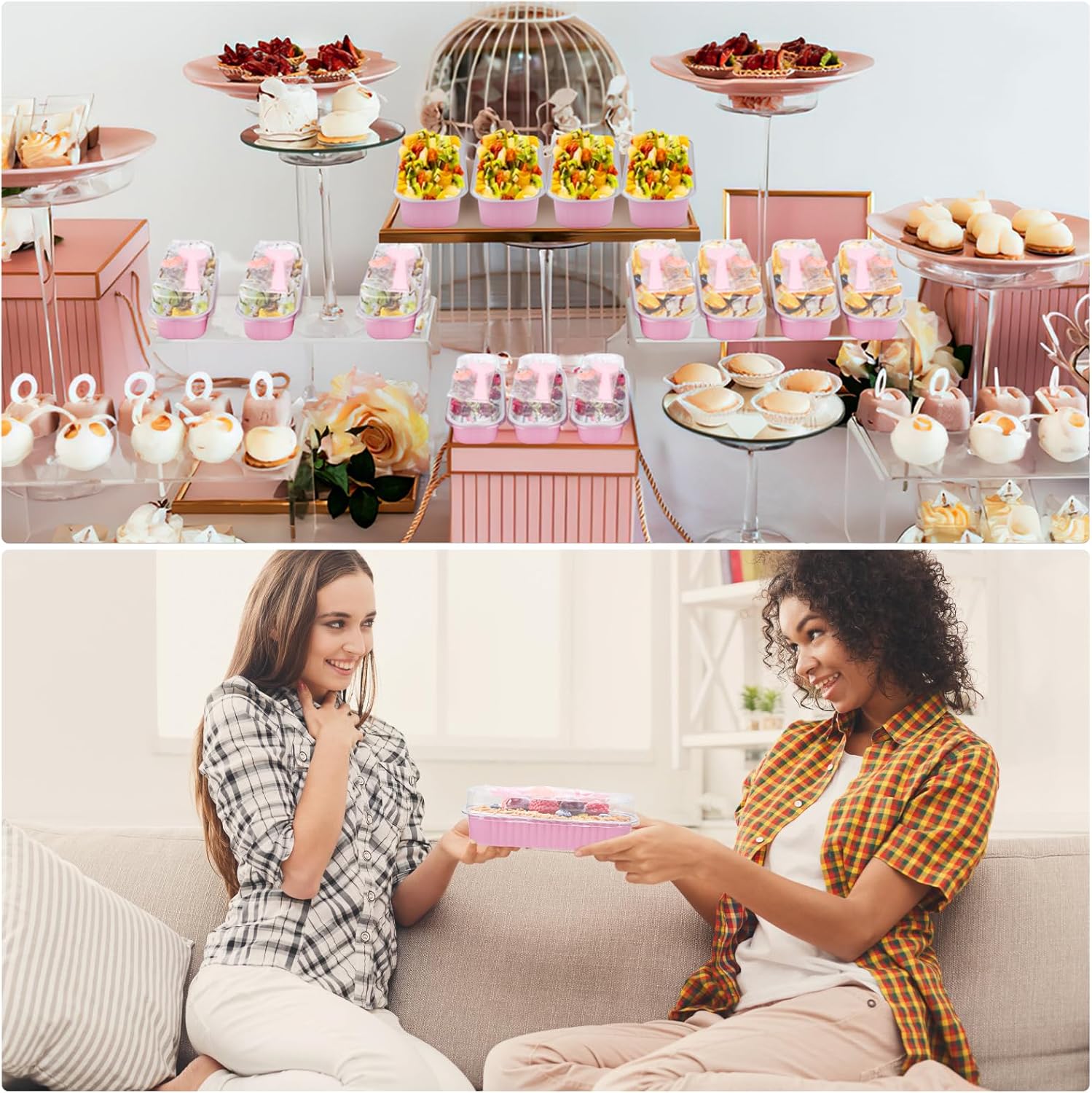 25Pack Pink Mini Cake Pans with Lids Mini Loaf Pans and Spoons and Stickers, 6.8Oz Aluminum Foil Pans Tins, Individual Dessert Cups Containers for Sales,Party,Picnics