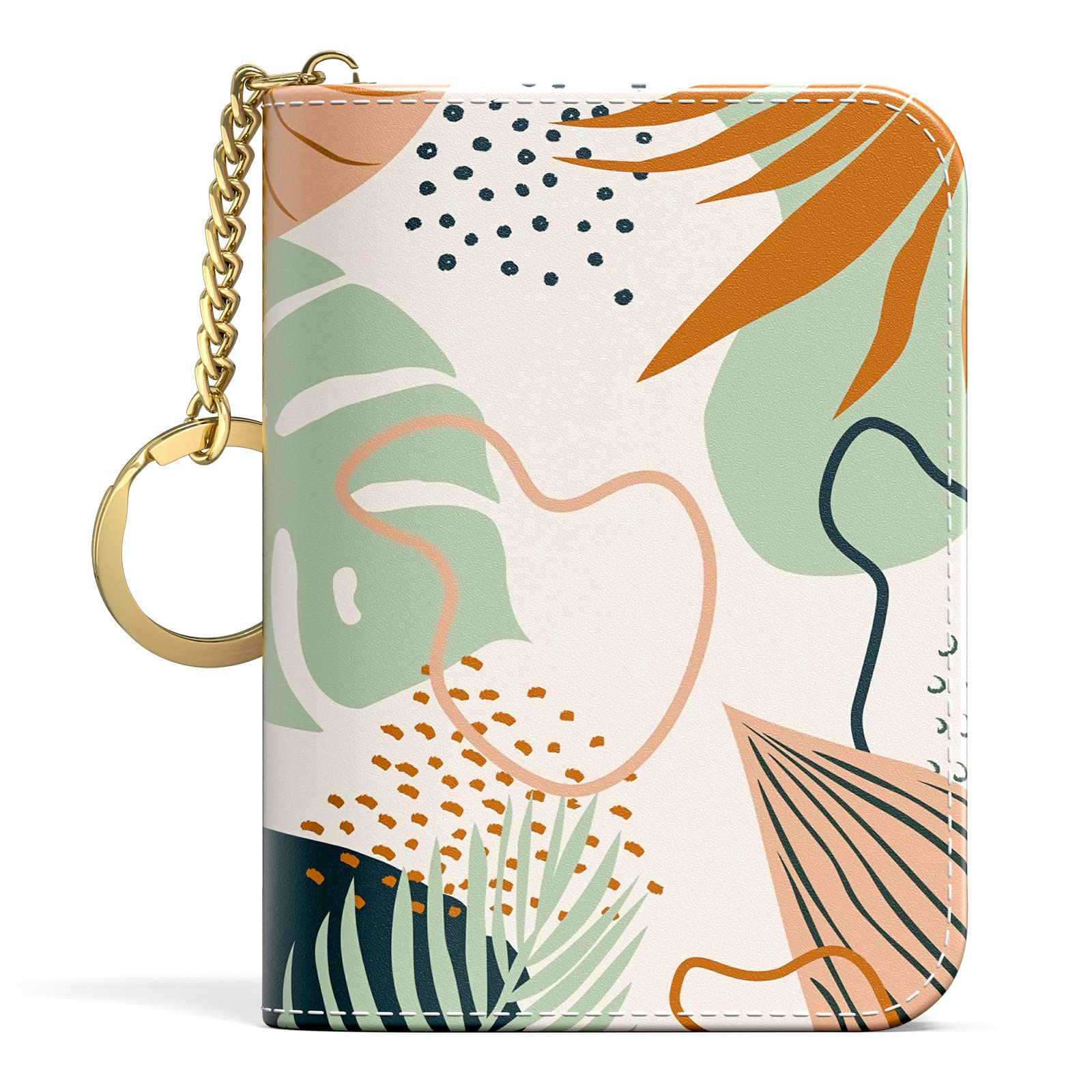 Credit Card Holder, Small RFID Wallet Slim Leather Card Organizer Case with Zipper and Keychain, Elegant Flowers