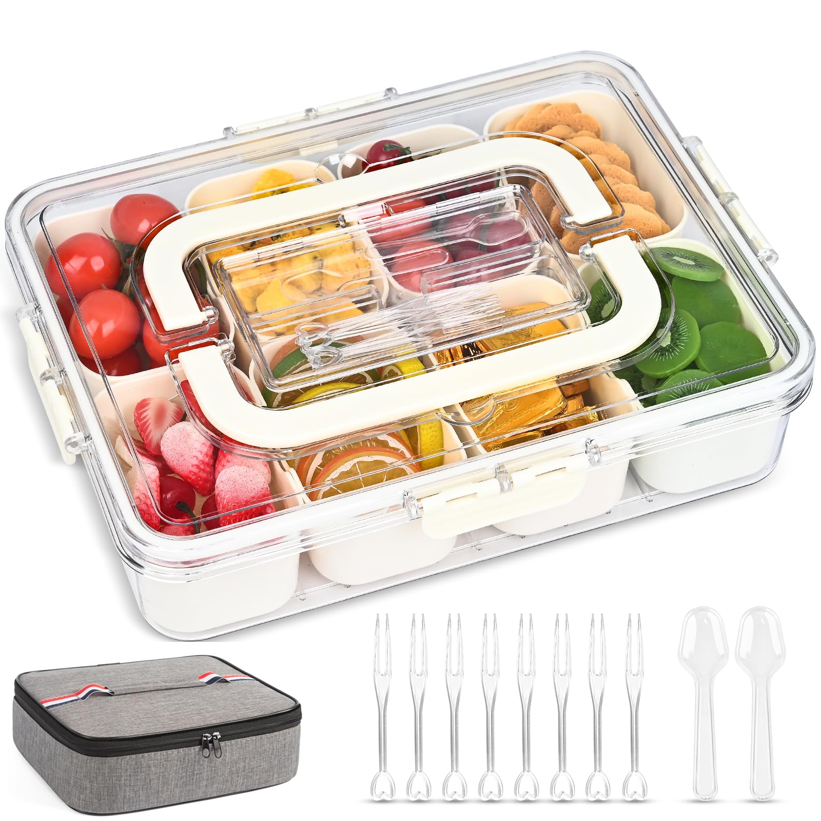 Divided Serving Tray with Lid, Snackle Box Container with Lid,Snack Box Container with Cutlery Storage, 8 Fruit Forks, 2 Spoons, Fruit Tray,Portable Snack Organizer, 8 Compartments snack tray with lid