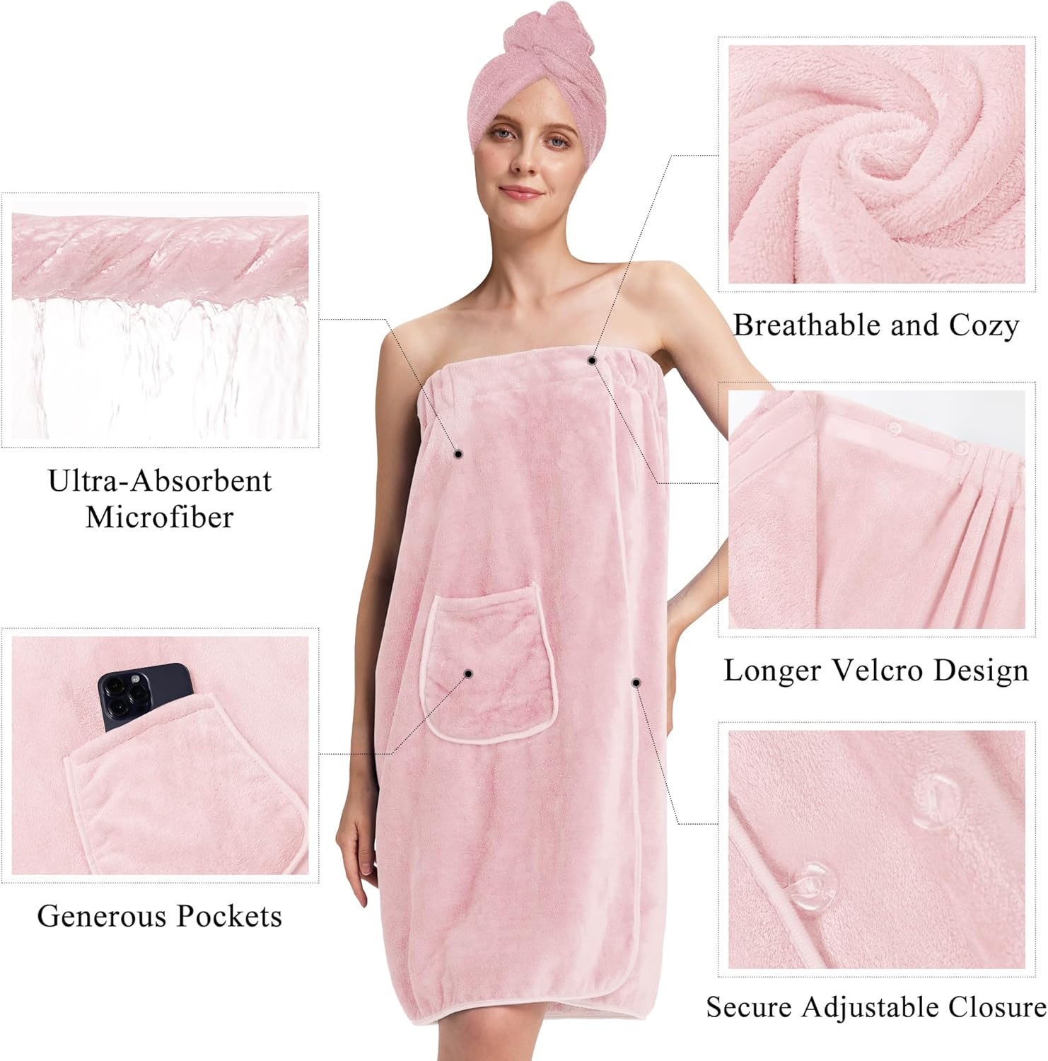 Towel Wrap for Women, Three Adjust Clasps Closure Bath Wraps After Shower Spa Sauna Bathrobe(Available in Plus Size)