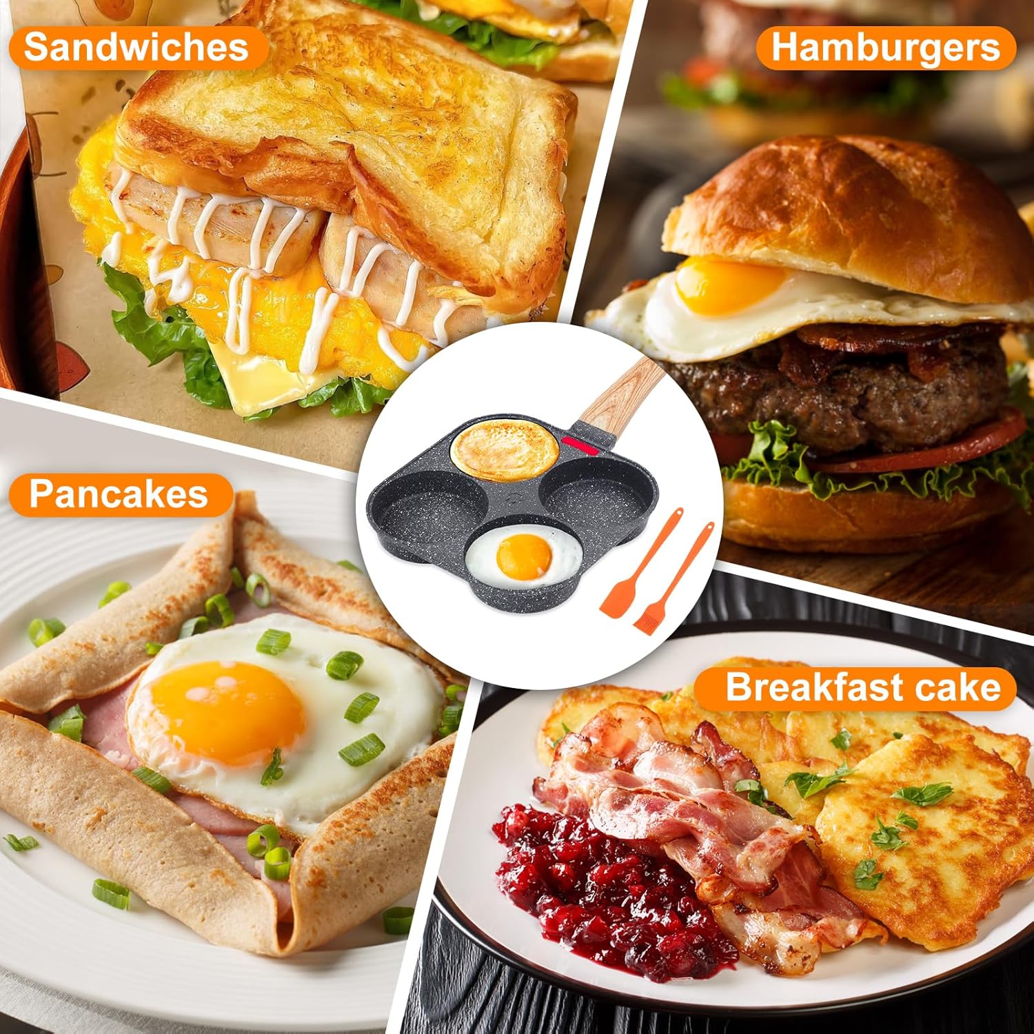 4-Cup Egg Pan Nonstick, Healthy Aluminum Omelette Pan, Breakfast Omelette Skillet for Fried Eggs Cooker, Pancakes, Suitable for Gas Stove & Induction Cookware