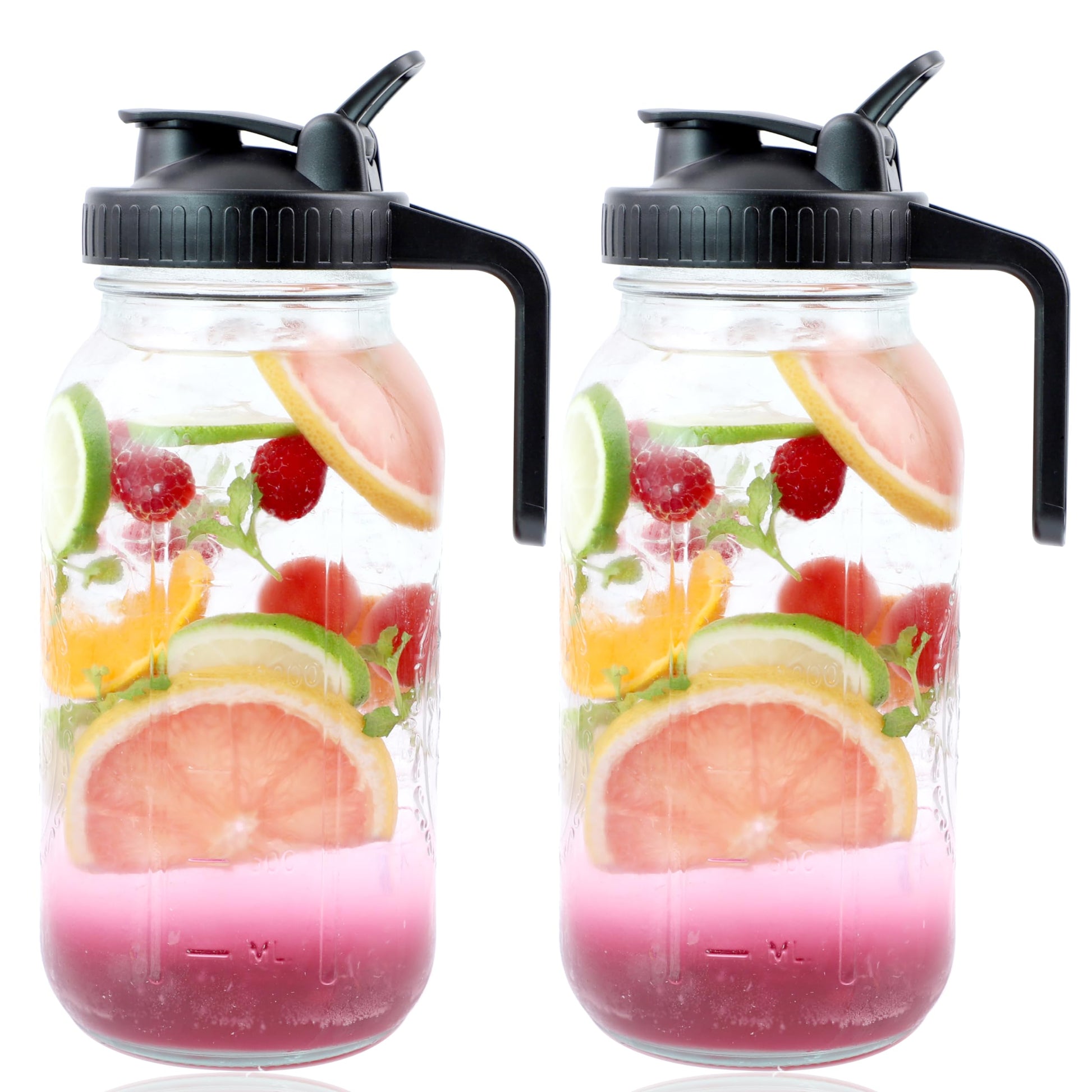 Mason Jar Pitcher With Pour Spout Lid (2 Pack) 32 Oz Wide Mouth Glass Pitcher With Handle And Flip Cap Lid 1 Quart Airtight Leak Proof Water Jugs For Iced Drinks, Iced Coffee, Milk, Lemonade