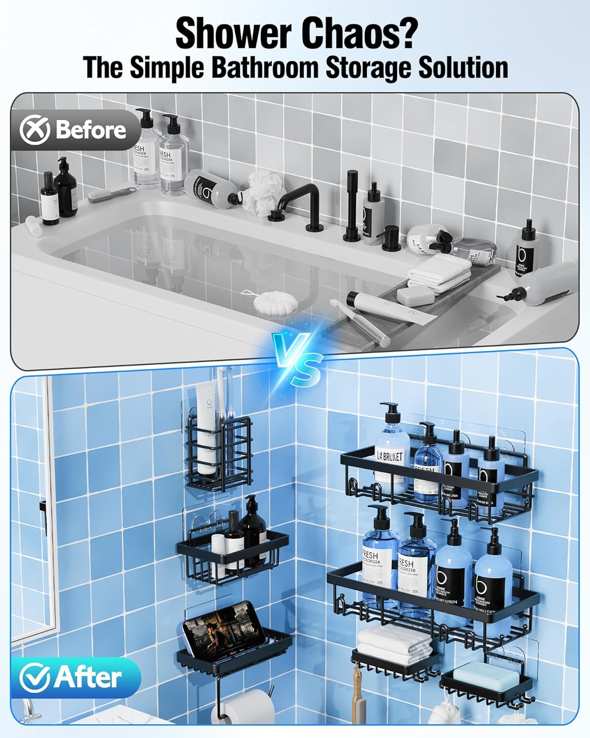 Shower Caddy 7 Pack, Adhesive Bathroom Shower Organizer for Bathroom Storage, No Drilling Large Capacity Rustproof Stainless Steel Shower Shelves Rack for Bath, Black