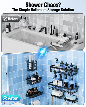 Shower Caddy 7 Pack, Adhesive Bathroom Shower Organizer for Bathroom Storage, No Drilling Large Capacity Rustproof Stainless Steel Shower Shelves Rack for Bath, Black