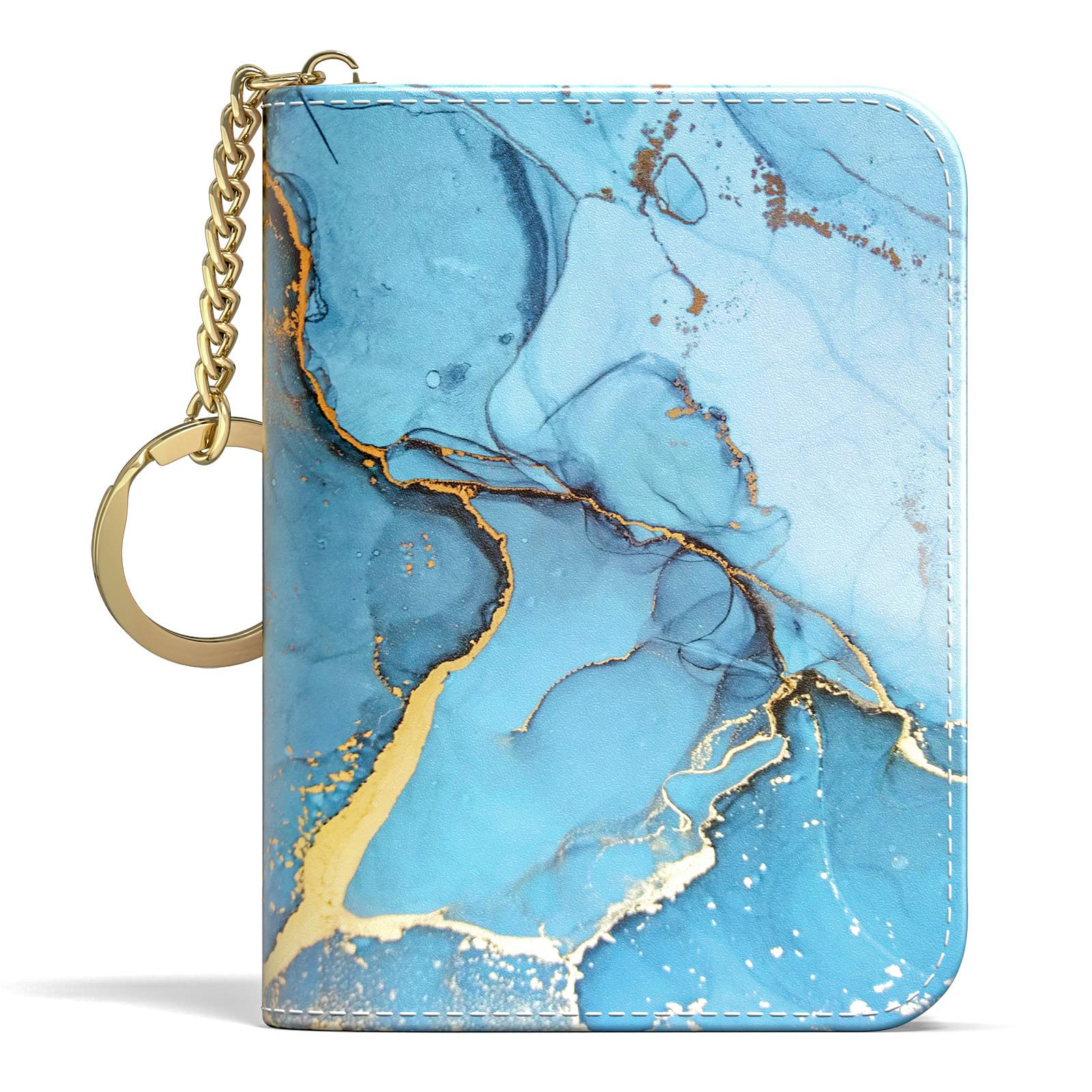 Credit Card Holder, Small RFID Wallet Slim Leather Card Organizer Case with Zipper and Keychain, Elegant Flowers