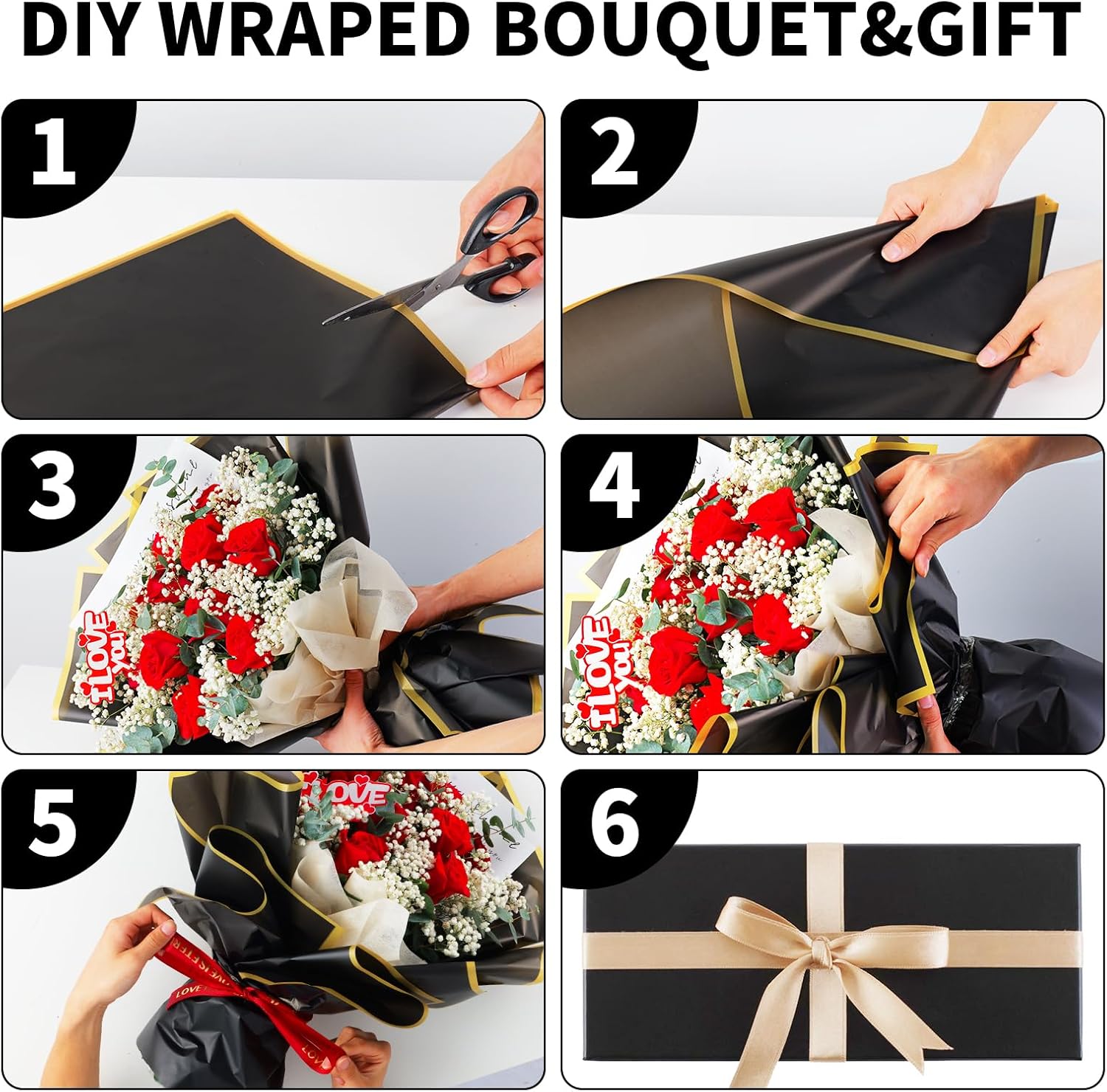 Duyasurs 20 Sheets Floral Wrapping Paper, Waterproof Bouquet Wrapping, 22.8x22.8IN, Florist Supplies Packaging Paper, DIY Gift Box, Wedding & Birthday Gifts, Gold Edge (Black)