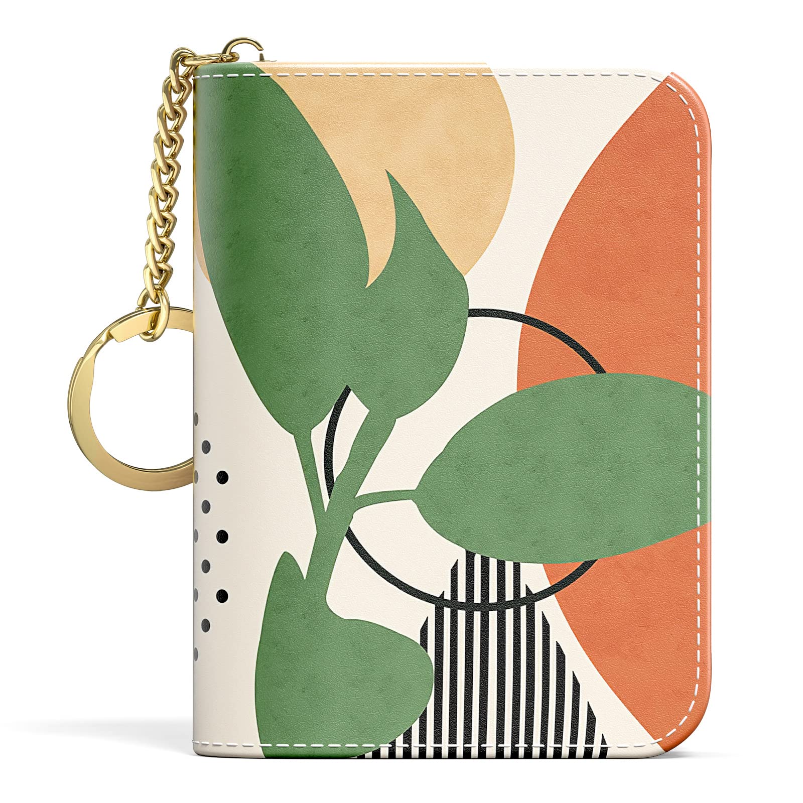 Credit Card Holder, Small RFID Wallet Slim Leather Card Organizer Case with Zipper and Keychain, Elegant Flowers