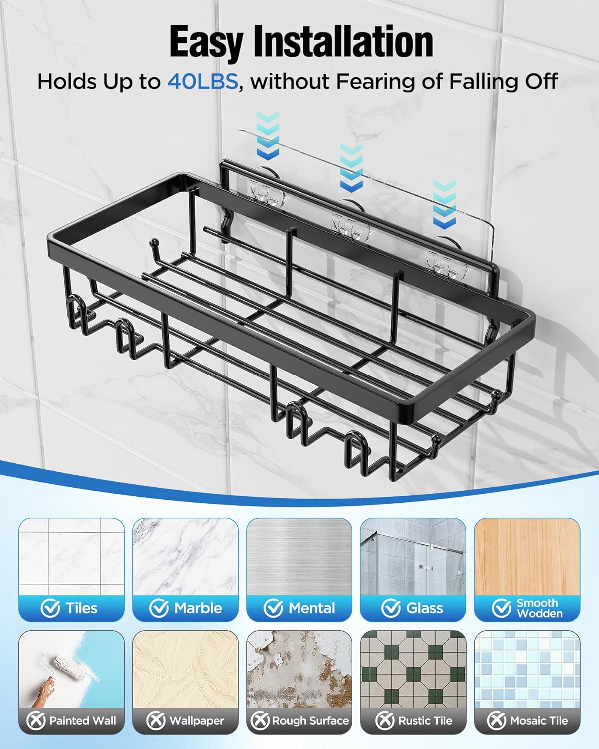 Shower Caddy 7 Pack, Adhesive Bathroom Shower Organizer for Bathroom Storage, No Drilling Large Capacity Rustproof Stainless Steel Shower Shelves Rack for Bath, Black