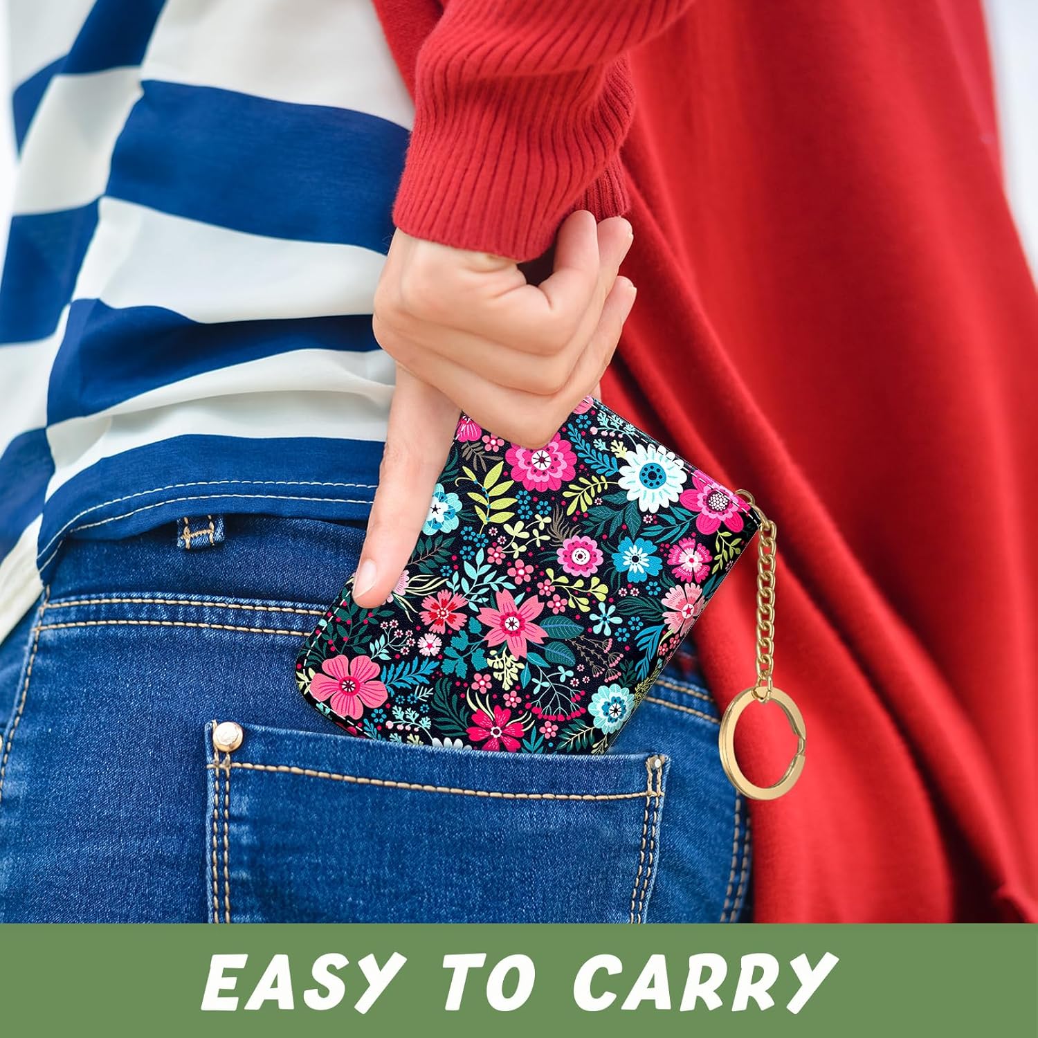 Credit Card Holder, Small RFID Wallet Slim Leather Card Organizer Case with Zipper and Keychain, Elegant Flowers