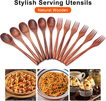 12 Pieces Wooden Forks and Spoons for Eating Utensil Set Lunch Wooden Cutlery Japanese Silverware Sets Flatware Reusable Bamboo Small Utensils Korean Mini Wooden Spoon Fork Set