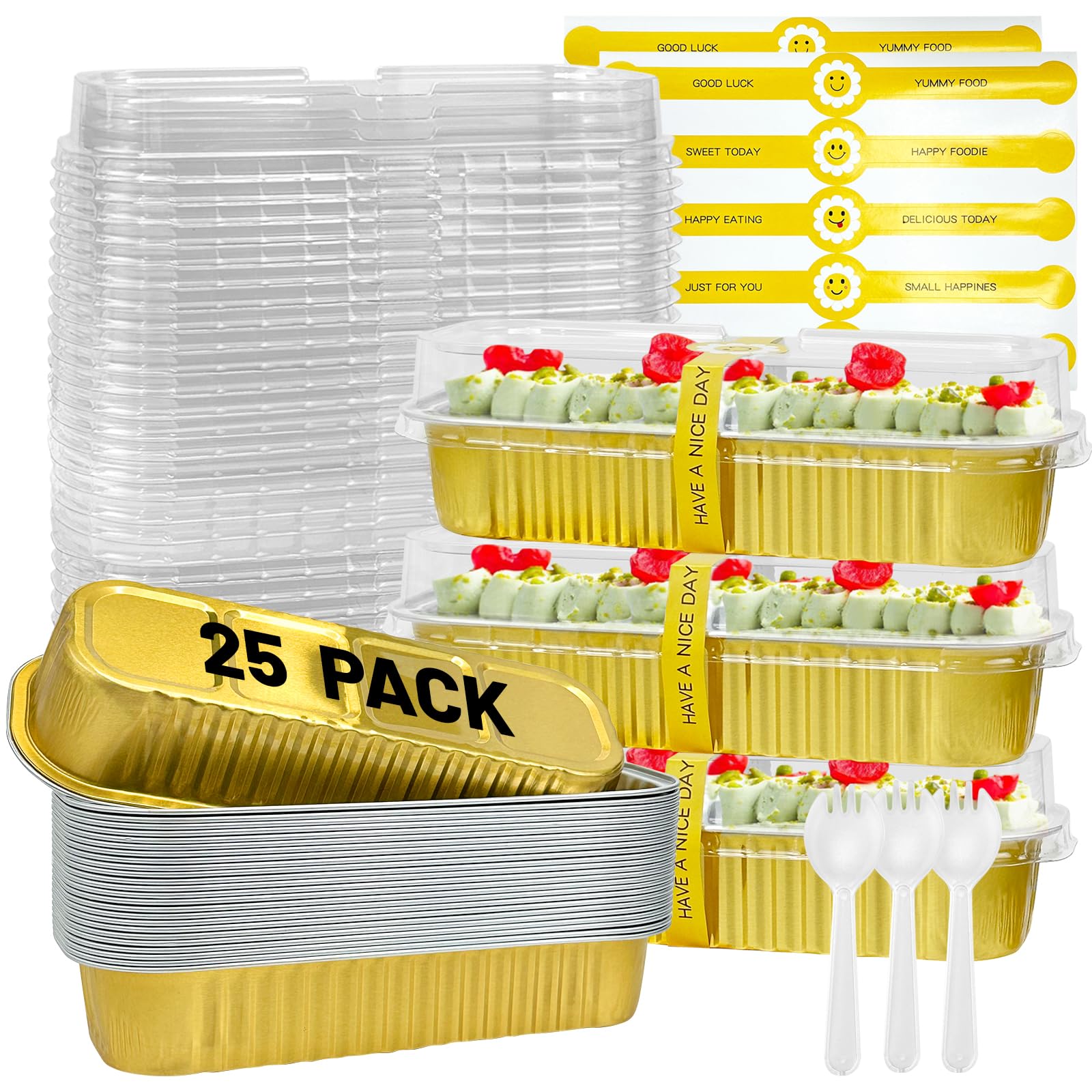 25Pack Pink Mini Cake Pans with Lids Mini Loaf Pans and Spoons and Stickers, 6.8Oz Aluminum Foil Pans Tins, Individual Dessert Cups Containers for Sales,Party,Picnics