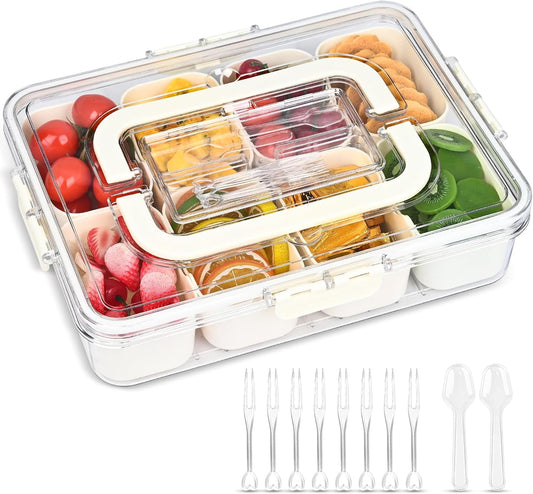Divided Serving Tray with Lid, Snackle Box Container with Lid,Snack Box Container with Cutlery Storage, 8 Fruit Forks, 2 Spoons, Fruit Tray,Portable Snack Organizer, 8 Compartments snack tray with lid
