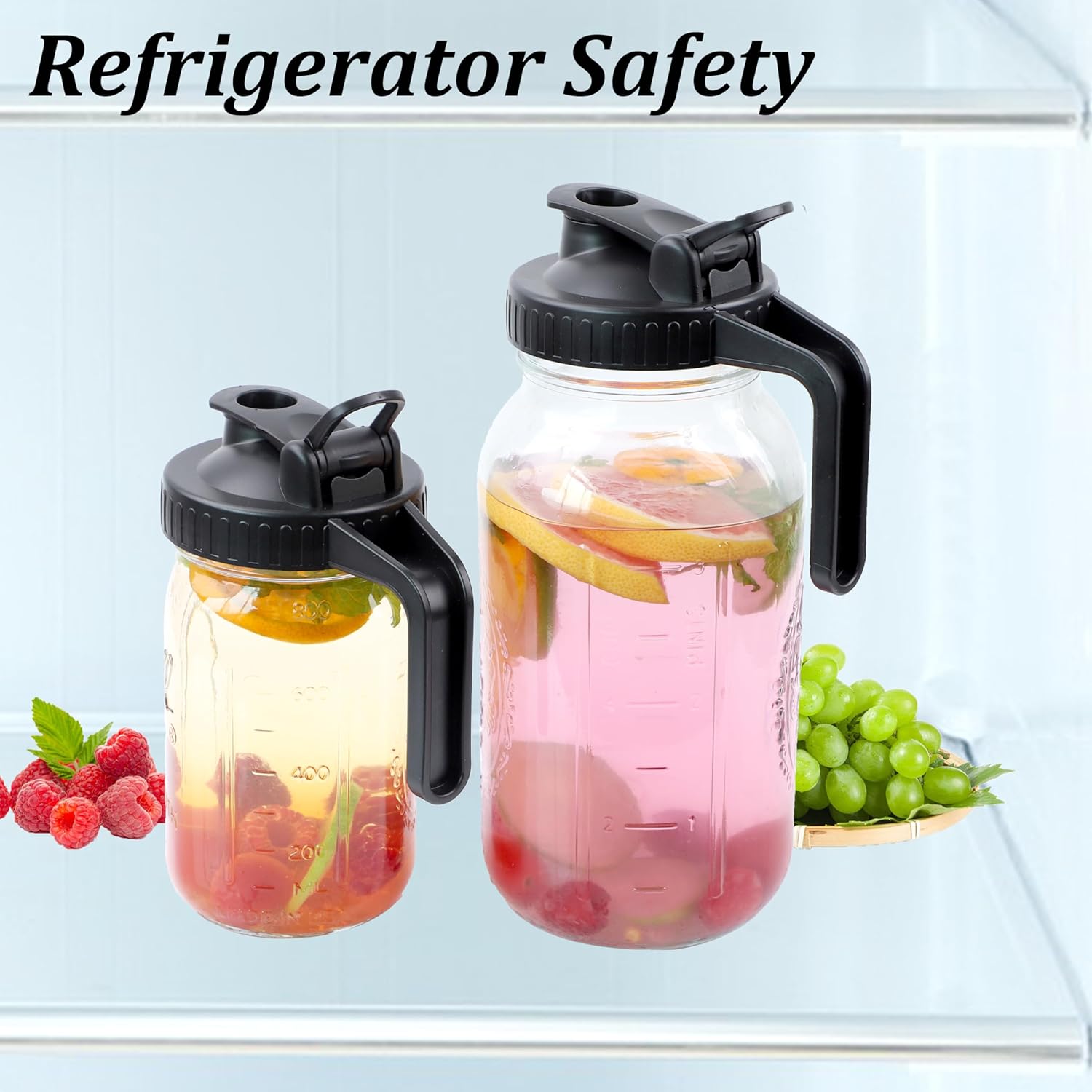 Mason Jar Pitcher With Pour Spout Lid (2 Pack) 32 Oz Wide Mouth Glass Pitcher With Handle And Flip Cap Lid 1 Quart Airtight Leak Proof Water Jugs For Iced Drinks, Iced Coffee, Milk, Lemonade