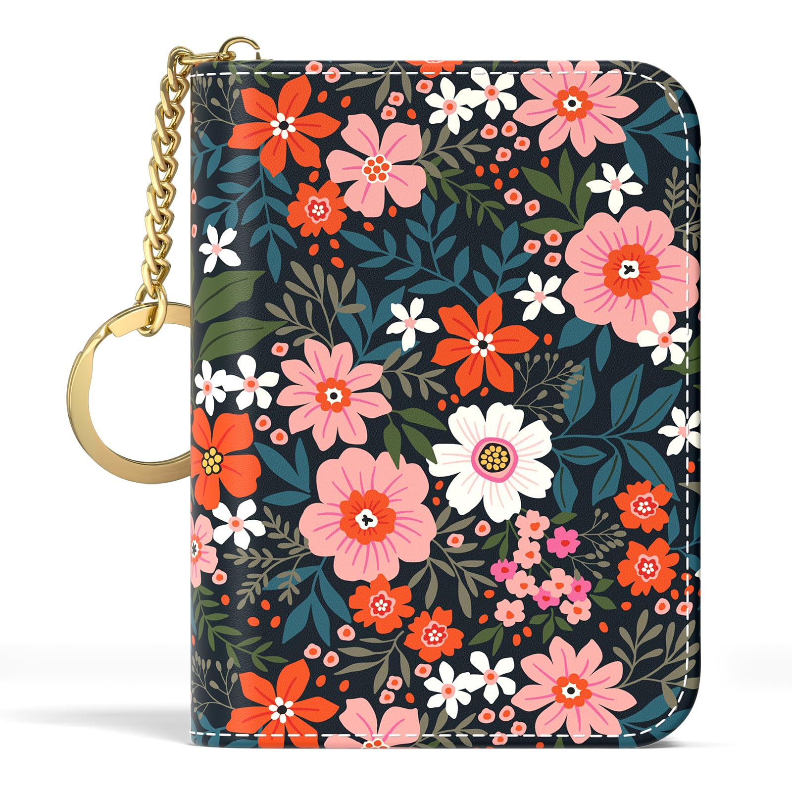 Credit Card Holder, Small RFID Wallet Slim Leather Card Organizer Case with Zipper and Keychain, Elegant Flowers