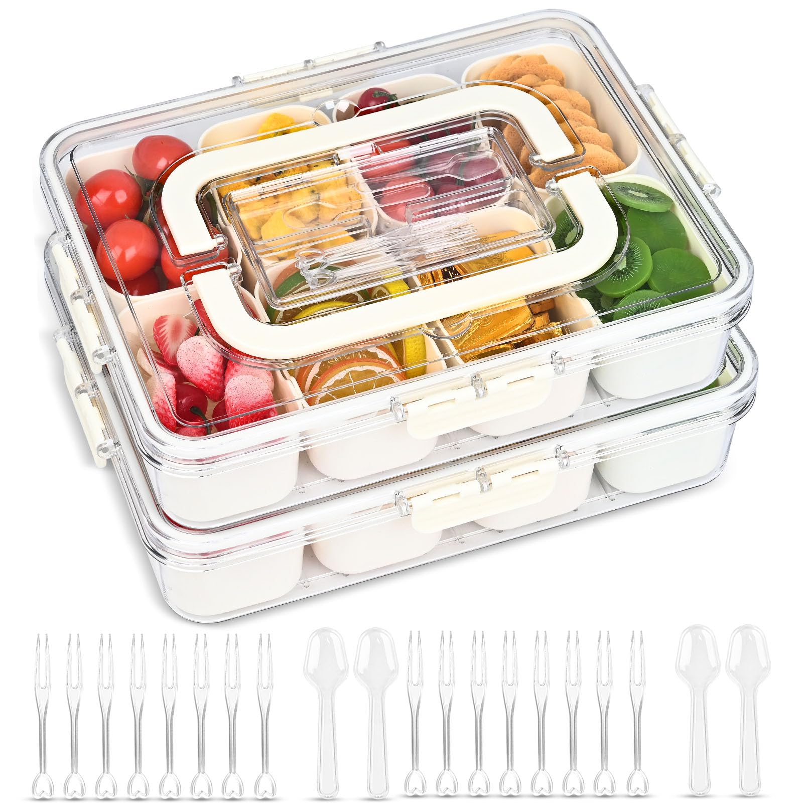 Divided Serving Tray with Lid, Snackle Box Container with Lid,Snack Box Container with Cutlery Storage, 8 Fruit Forks, 2 Spoons, Fruit Tray,Portable Snack Organizer, 8 Compartments snack tray with lid