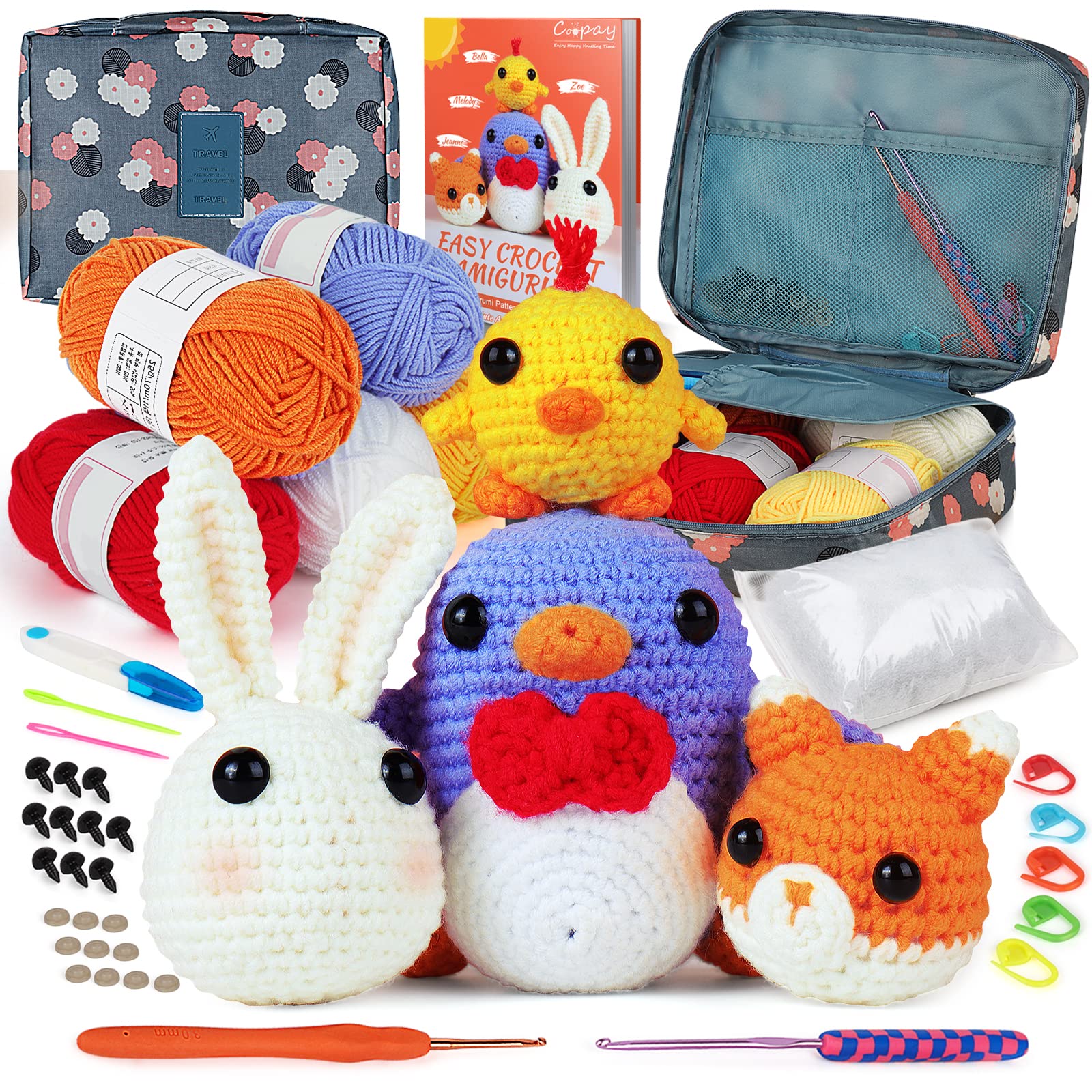 Coopay Crochet Kit Beginners Crochet Hook Set with Crochet Yarn,58PCS Portable Crochet Set Ergonomic Crochet Hooks Travel Knitting Crochet Supplies