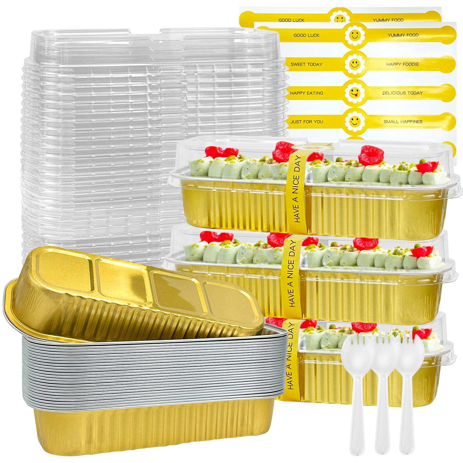 25Pack Pink Mini Cake Pans with Lids Mini Loaf Pans and Spoons and Stickers, 6.8Oz Aluminum Foil Pans Tins, Individual Dessert Cups Containers for Sales,Party,Picnics