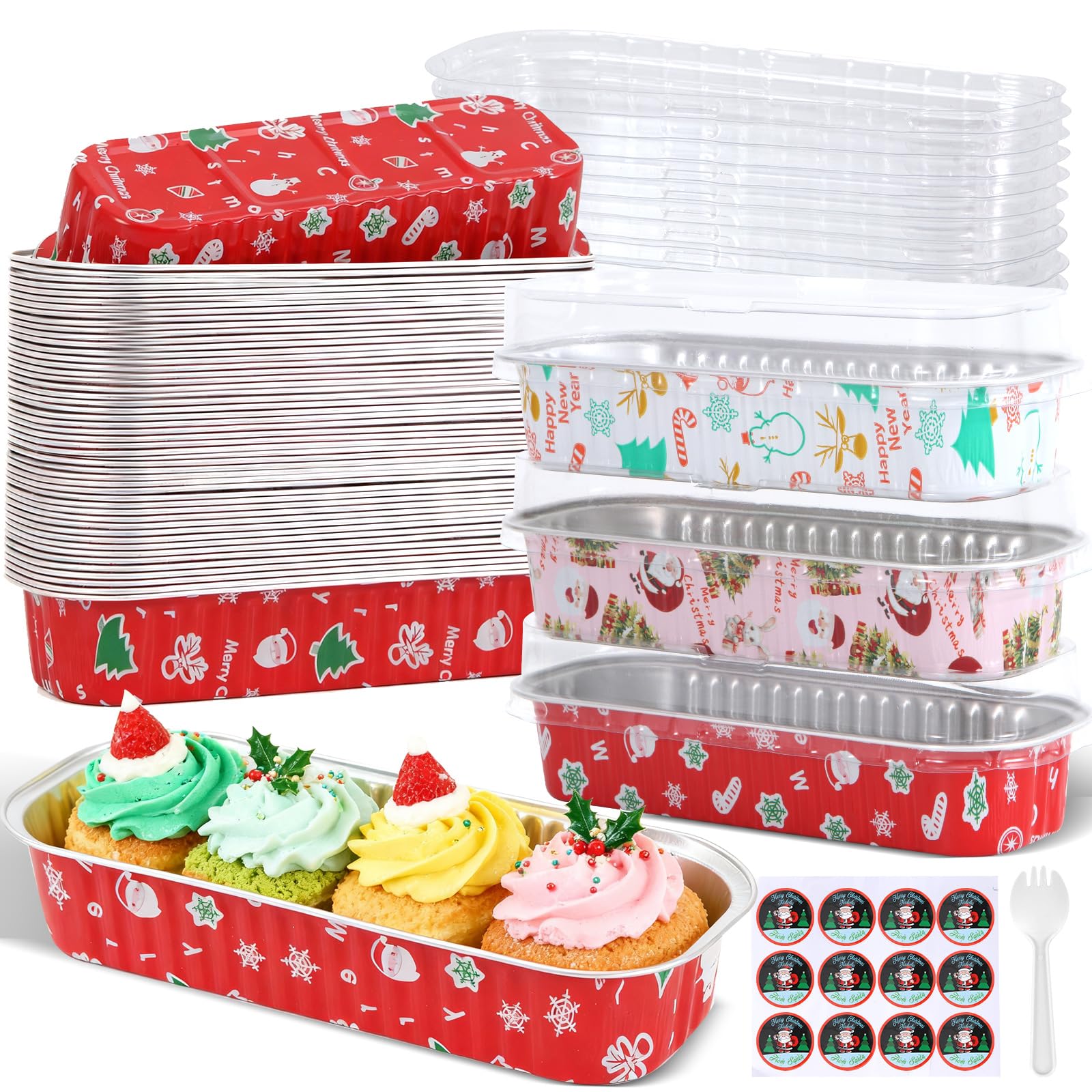 25Pack Pink Mini Cake Pans with Lids Mini Loaf Pans and Spoons and Stickers, 6.8Oz Aluminum Foil Pans Tins, Individual Dessert Cups Containers for Sales,Party,Picnics