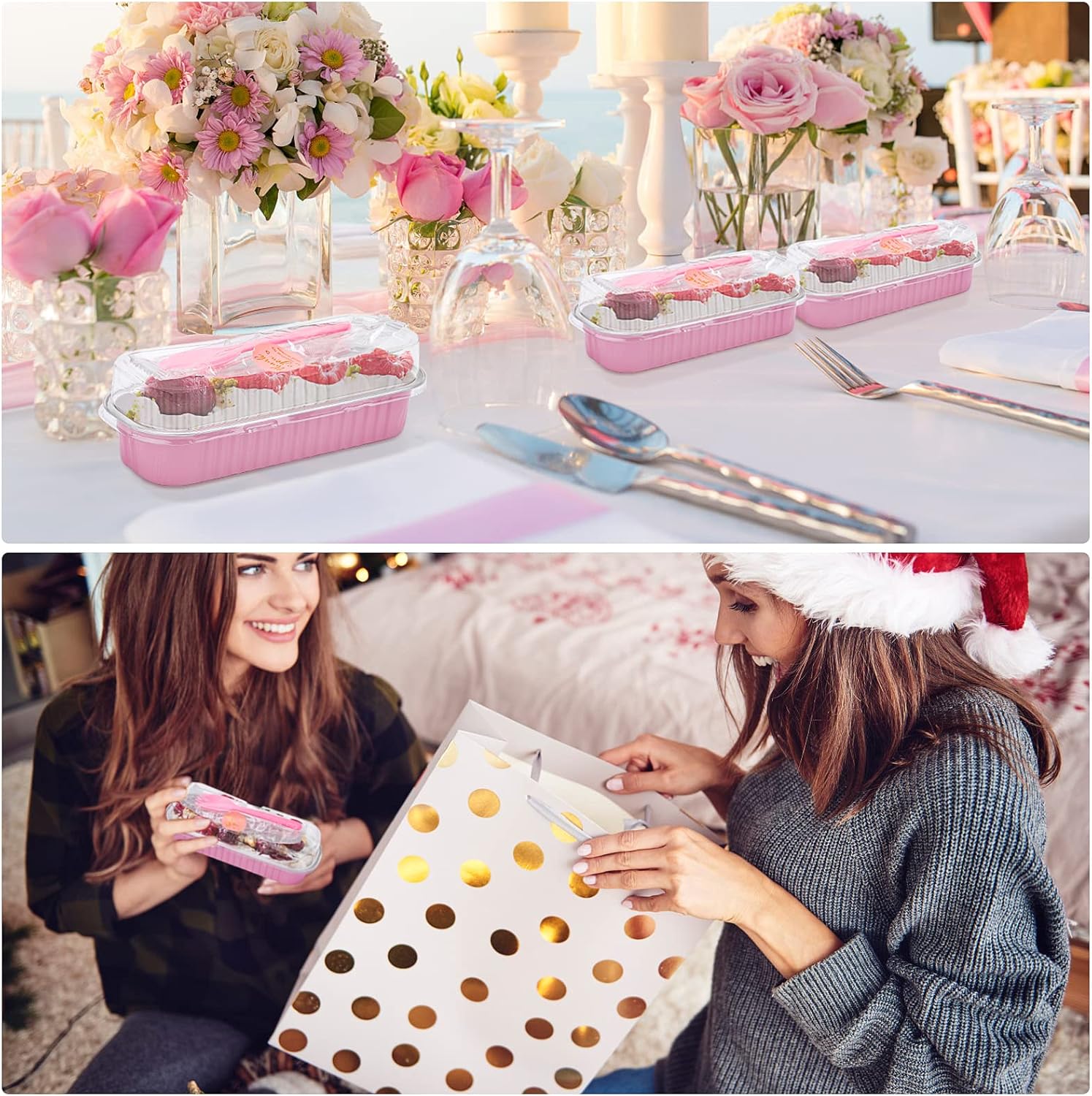 25Pack Pink Mini Cake Pans with Lids Mini Loaf Pans and Spoons and Stickers, 6.8Oz Aluminum Foil Pans Tins, Individual Dessert Cups Containers for Sales,Party,Picnics