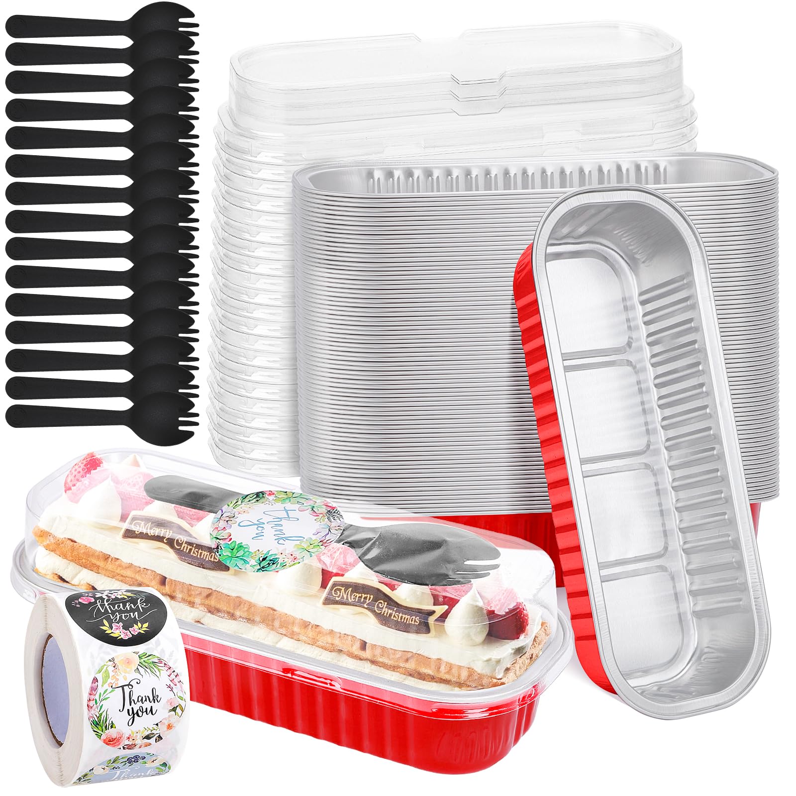 25Pack Pink Mini Cake Pans with Lids Mini Loaf Pans and Spoons and Stickers, 6.8Oz Aluminum Foil Pans Tins, Individual Dessert Cups Containers for Sales,Party,Picnics