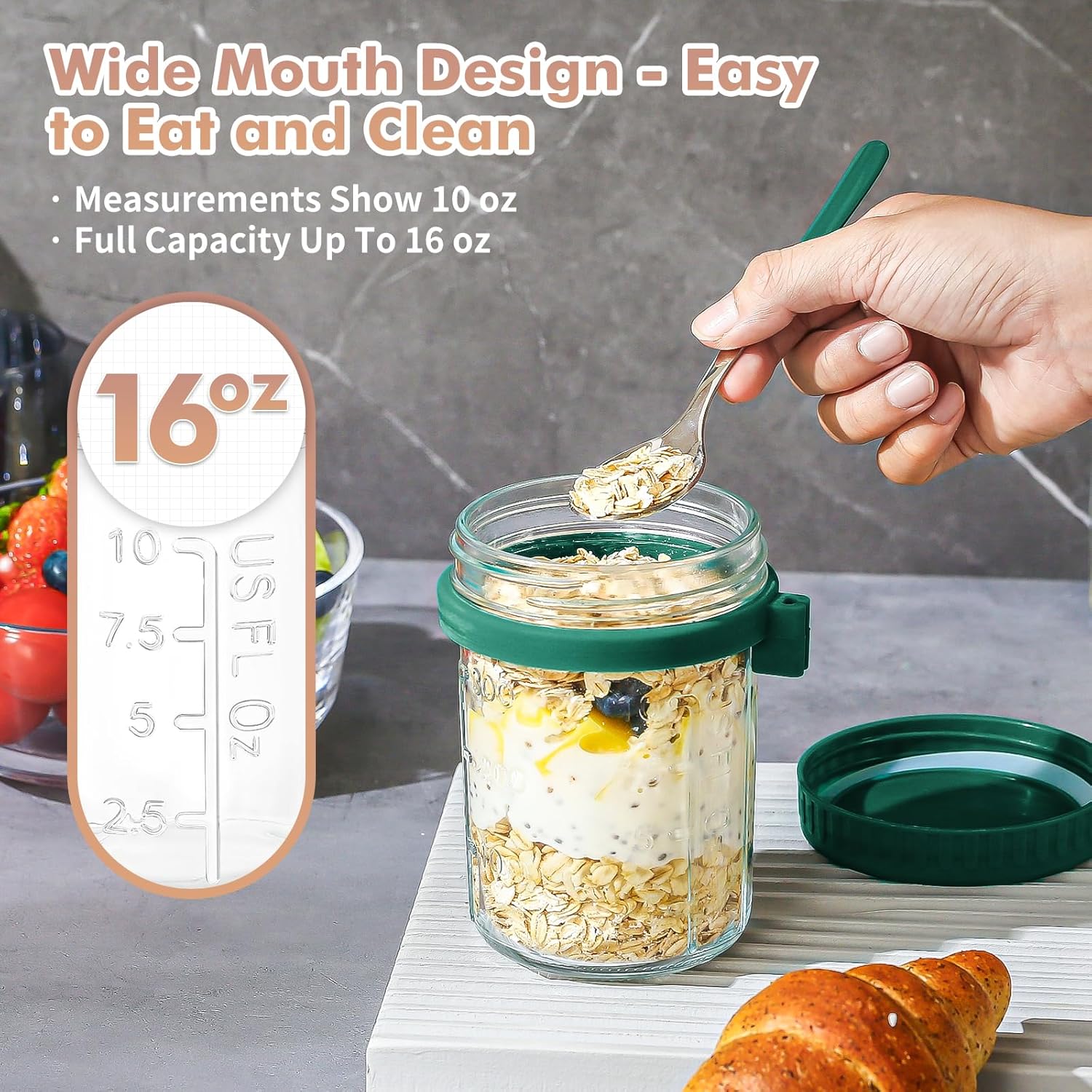 DRKIO 4 Pack Glass Overnight Oats Containers with Lids and Spoons 16 Oz Mason Jars for Overnight Oats Jars Leak Proof Oatmeal Container Meal Prep Jar for Cereal Fruit Vegetable Milk Salad Yogurt