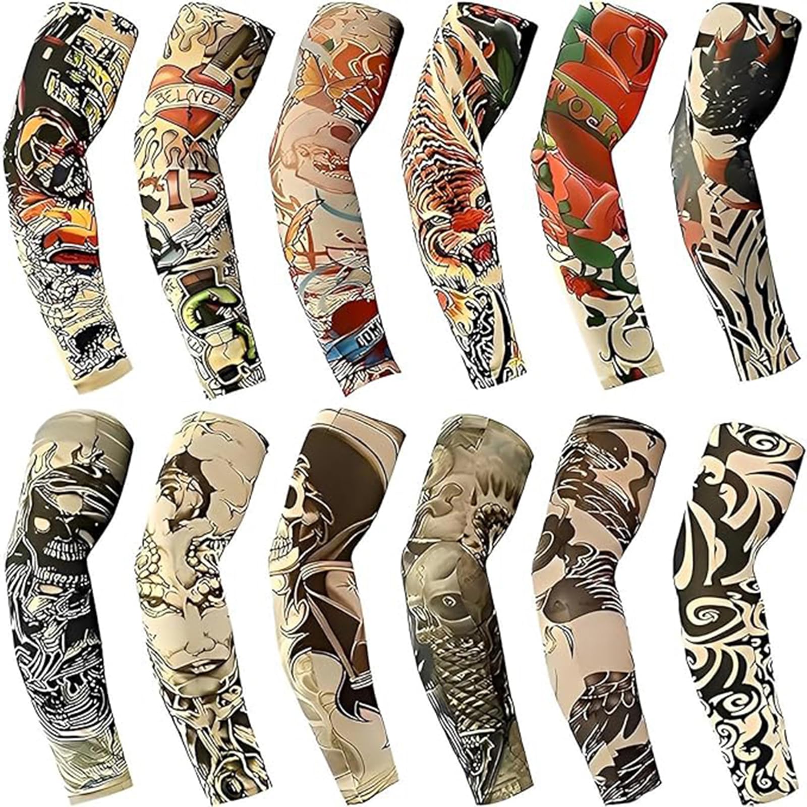 YARIEW Tattoo Sleeves for Men, 12pc Arm Sleeves Fake Tattoos to Cover Arms, Cooling Sun Protection