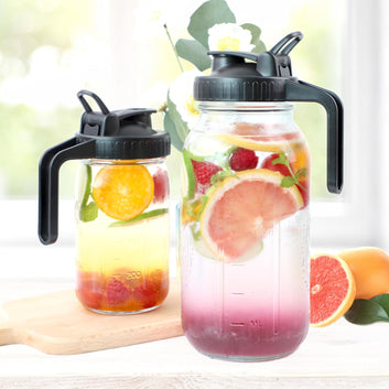 Mason Jar Pitcher With Pour Spout Lid (2 Pack) 32 Oz Wide Mouth Glass Pitcher With Handle And Flip Cap Lid 1 Quart Airtight Leak Proof Water Jugs For Iced Drinks, Iced Coffee, Milk, Lemonade