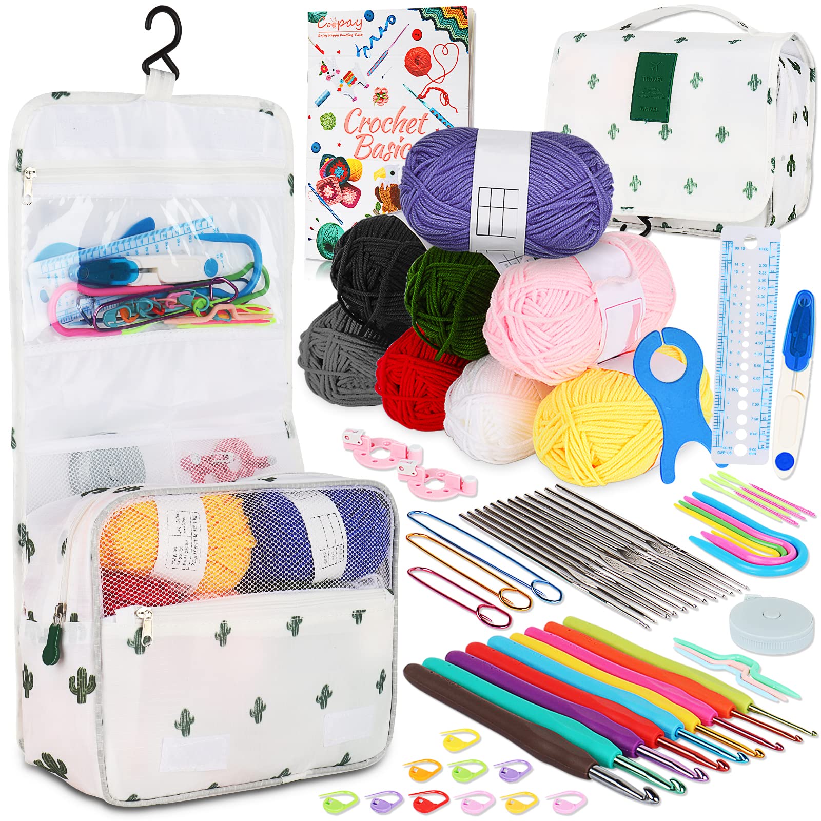Coopay Crochet Kit Beginners Crochet Hook Set with Crochet Yarn,58PCS Portable Crochet Set Ergonomic Crochet Hooks Travel Knitting Crochet Supplies