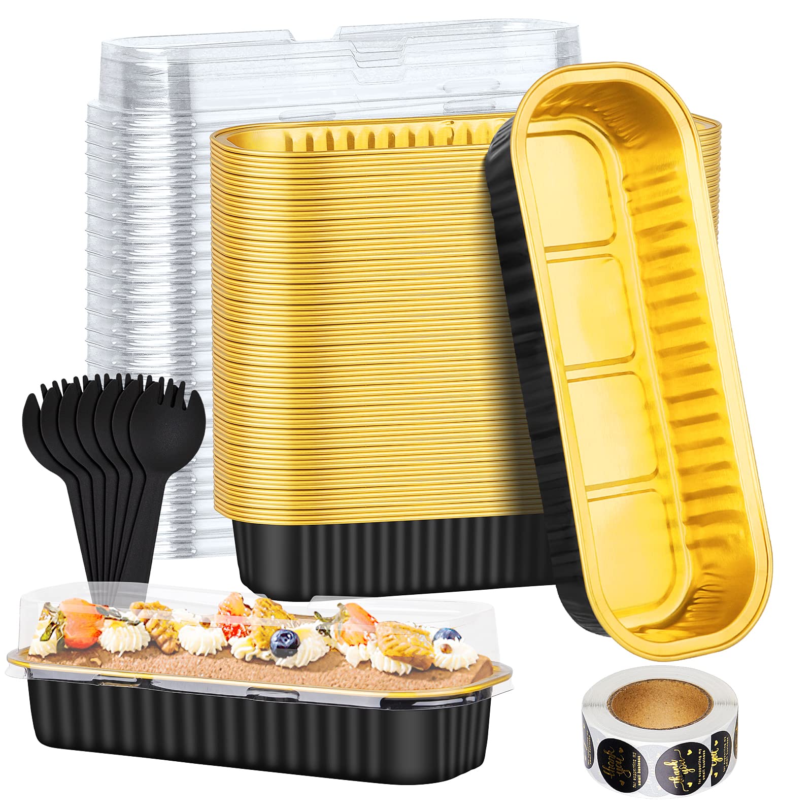 25Pack Pink Mini Cake Pans with Lids Mini Loaf Pans and Spoons and Stickers, 6.8Oz Aluminum Foil Pans Tins, Individual Dessert Cups Containers for Sales,Party,Picnics