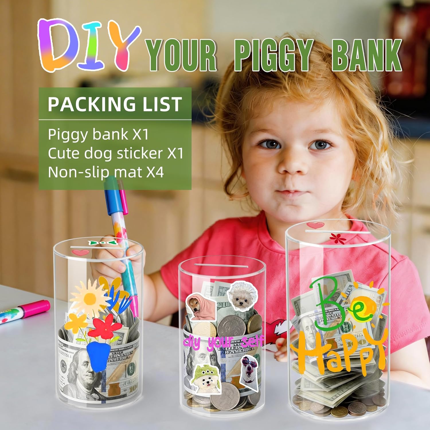 Clear Piggy Bank for Adults/Kids, Acrylic Unopenable Money Box for Cash Coin Saving, Must Break to Open, Money Saving Jar for Adults Boys Girls, Size 6" H x 4" Diameter