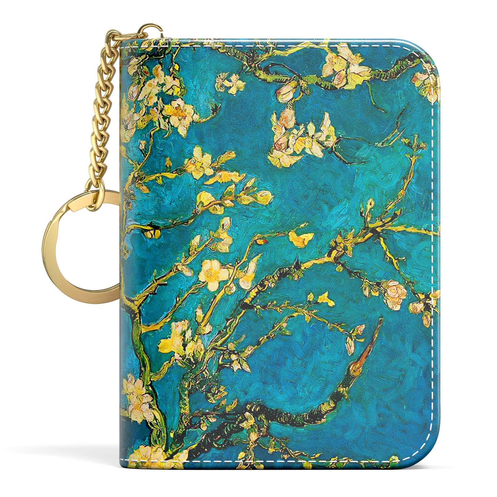 Credit Card Holder, Small RFID Wallet Slim Leather Card Organizer Case with Zipper and Keychain, Elegant Flowers