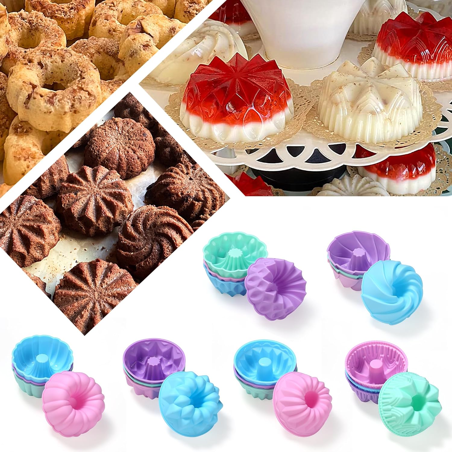 To encounter 24Pack Silicone Molds, Nonstick 3 inches Donut Mold, Silicone Baking Cups, Donut Pan, Muffin, Jello, Bagel Pan, Oven- Microwave- Dishwasher Safe