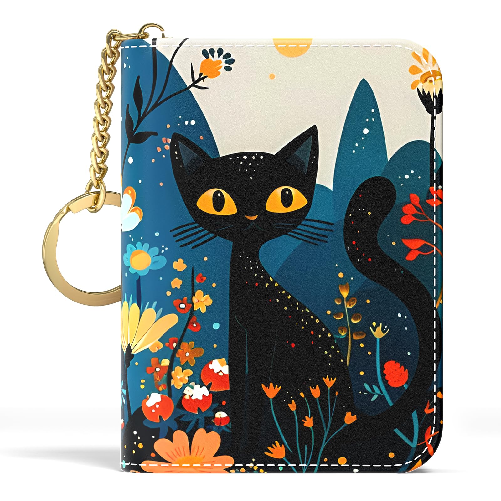 Credit Card Holder, Small RFID Wallet Slim Leather Card Organizer Case with Zipper and Keychain, Elegant Flowers