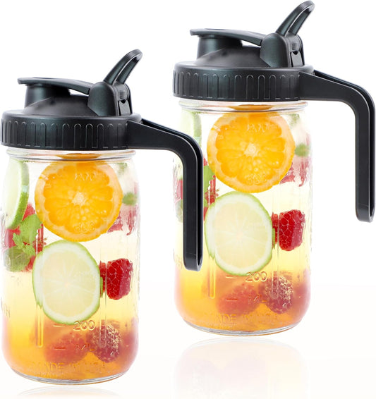 Mason Jar Pitcher With Pour Spout Lid (2 Pack) 32 Oz Wide Mouth Glass Pitcher With Handle And Flip Cap Lid 1 Quart Airtight Leak Proof Water Jugs For Iced Drinks, Iced Coffee, Milk, Lemonade