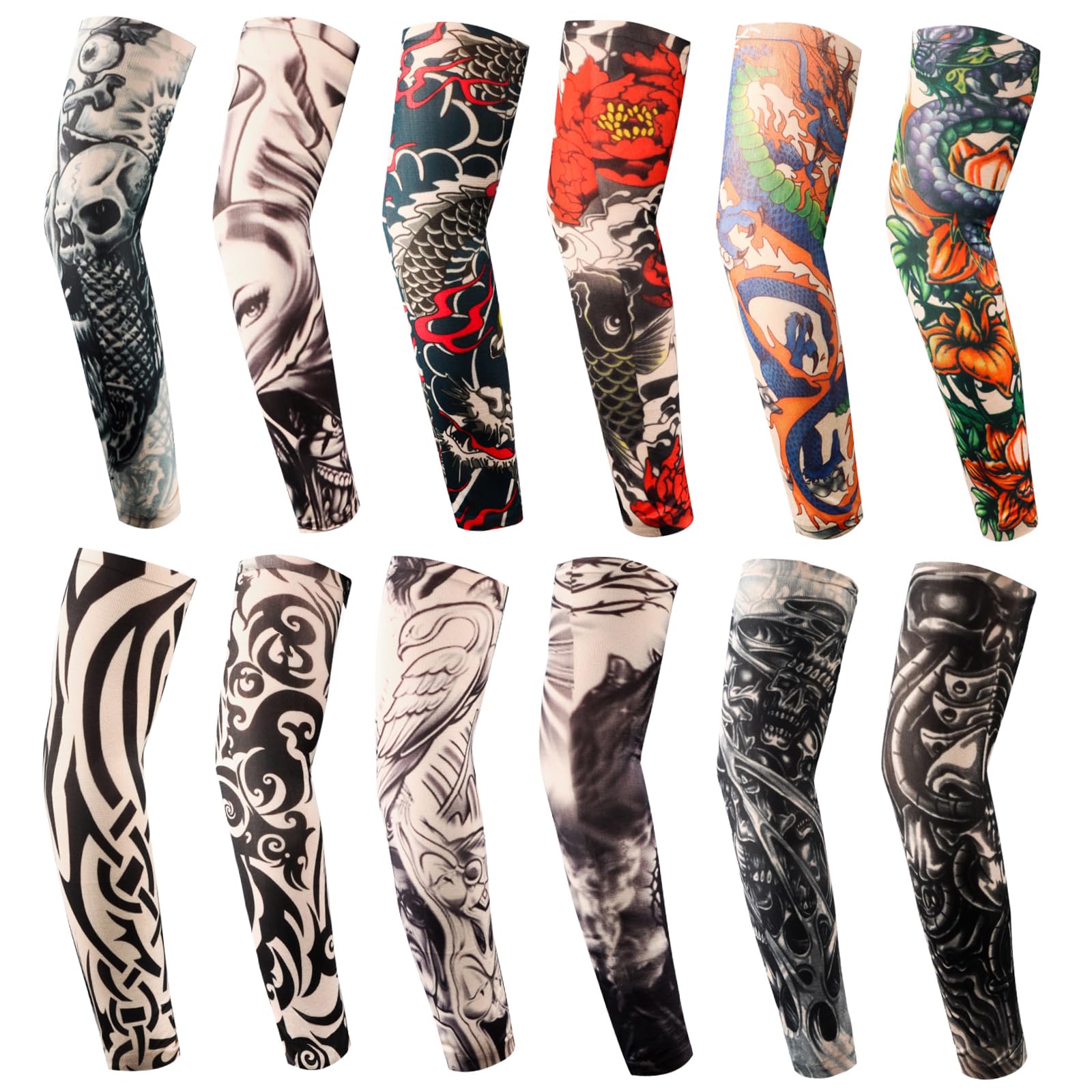 YARIEW Tattoo Sleeves for Men, 12pc Arm Sleeves Fake Tattoos to Cover Arms, Cooling Sun Protection