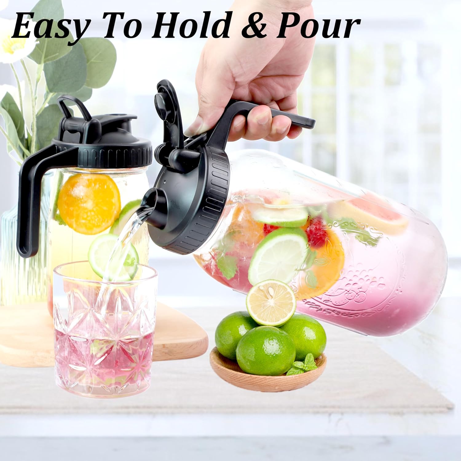 Mason Jar Pitcher With Pour Spout Lid (2 Pack) 32 Oz Wide Mouth Glass Pitcher With Handle And Flip Cap Lid 1 Quart Airtight Leak Proof Water Jugs For Iced Drinks, Iced Coffee, Milk, Lemonade