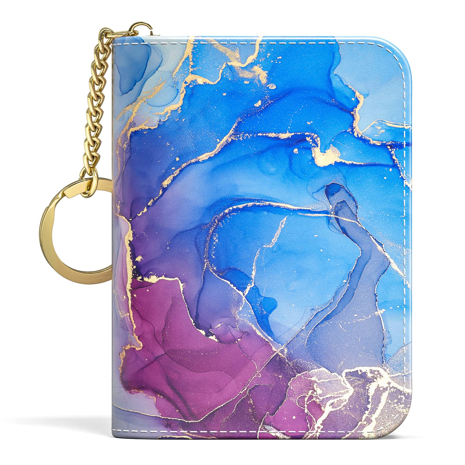 Credit Card Holder, Small RFID Wallet Slim Leather Card Organizer Case with Zipper and Keychain, Elegant Flowers