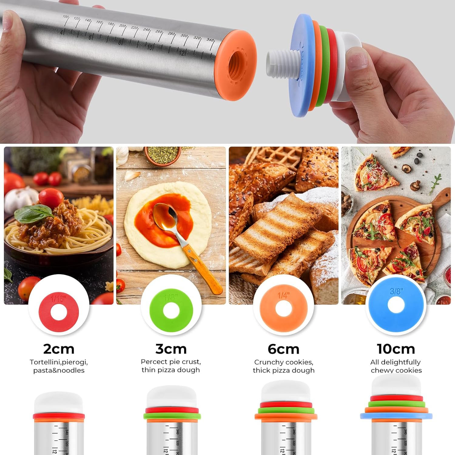 Rolling Pin with Adjustable Thickness Rings for Baking,Stainless Steel Dough Roller,Baking Supplies for Cookie Fondant Pizza Cake Pasta