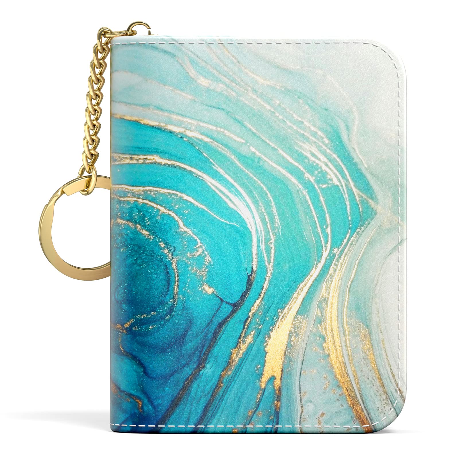 Credit Card Holder, Small RFID Wallet Slim Leather Card Organizer Case with Zipper and Keychain, Elegant Flowers