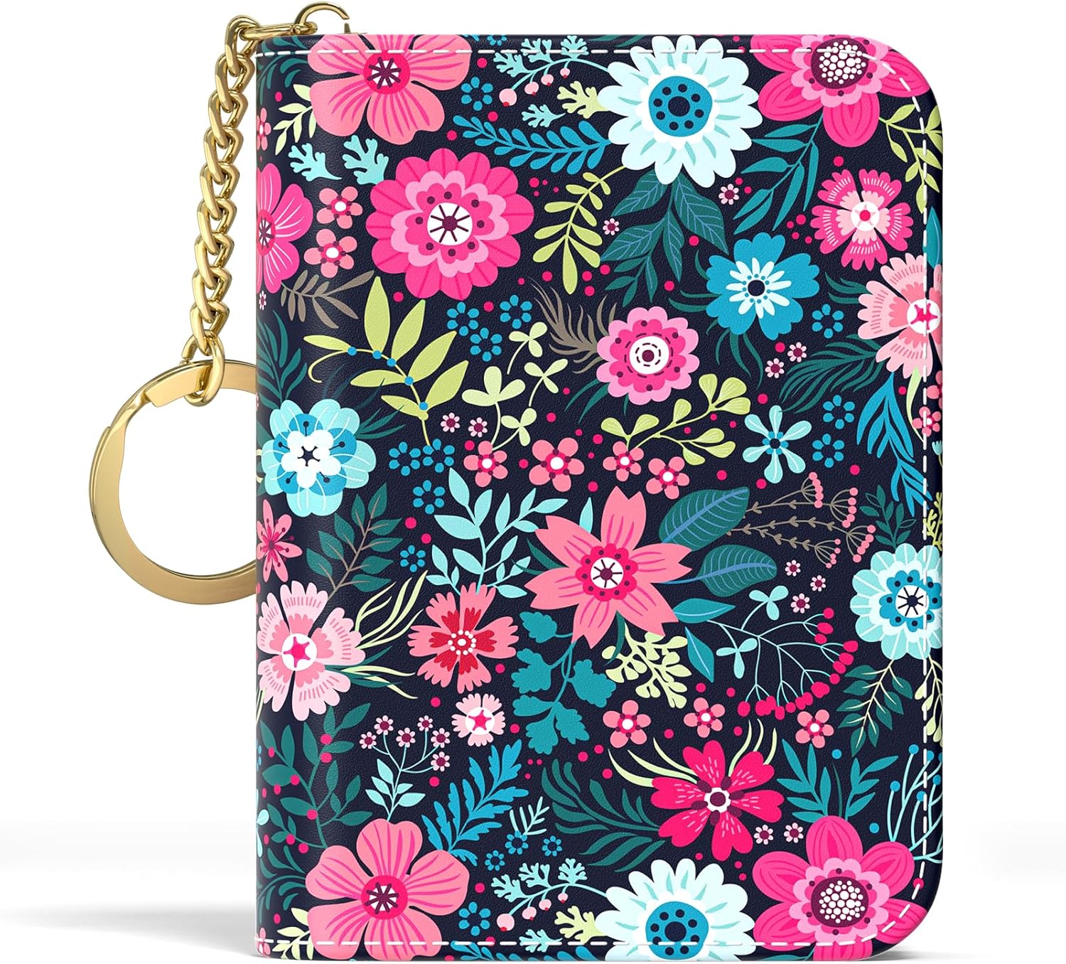 Credit Card Holder, Small RFID Wallet Slim Leather Card Organizer Case with Zipper and Keychain, Elegant Flowers