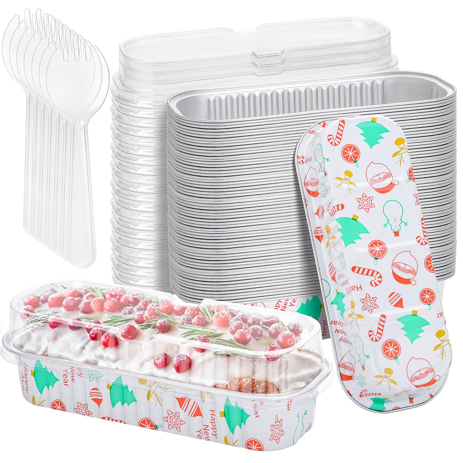 25Pack Pink Mini Cake Pans with Lids Mini Loaf Pans and Spoons and Stickers, 6.8Oz Aluminum Foil Pans Tins, Individual Dessert Cups Containers for Sales,Party,Picnics