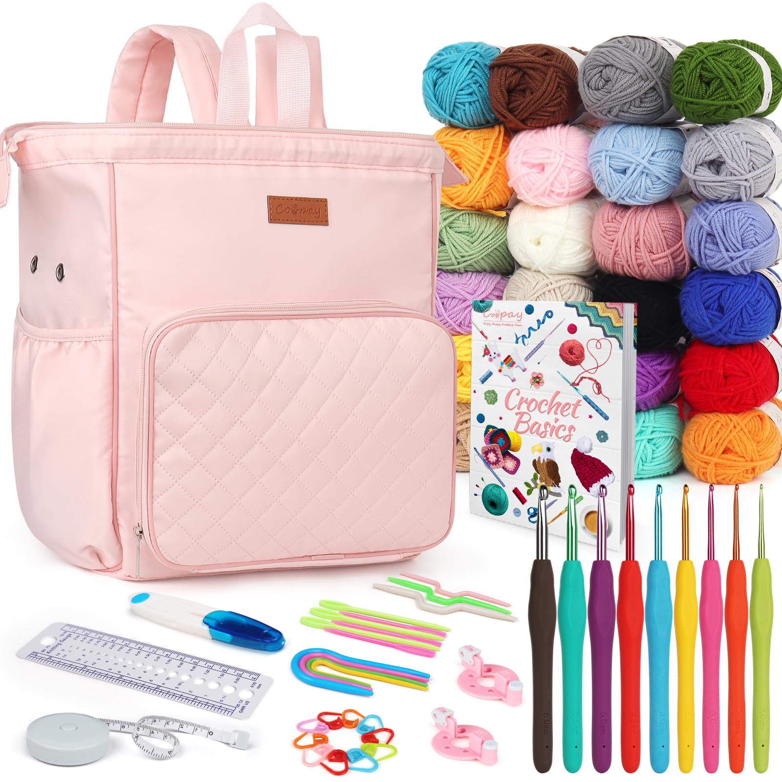 Coopay Crochet Kit Beginners Crochet Hook Set with Crochet Yarn,58PCS Portable Crochet Set Ergonomic Crochet Hooks Travel Knitting Crochet Supplies