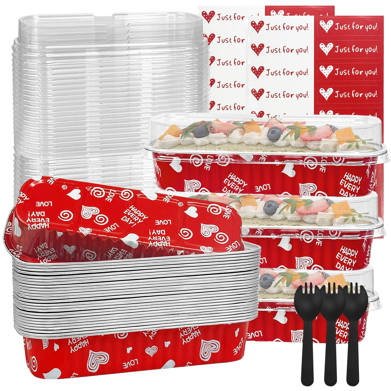 25Pack Pink Mini Cake Pans with Lids Mini Loaf Pans and Spoons and Stickers, 6.8Oz Aluminum Foil Pans Tins, Individual Dessert Cups Containers for Sales,Party,Picnics