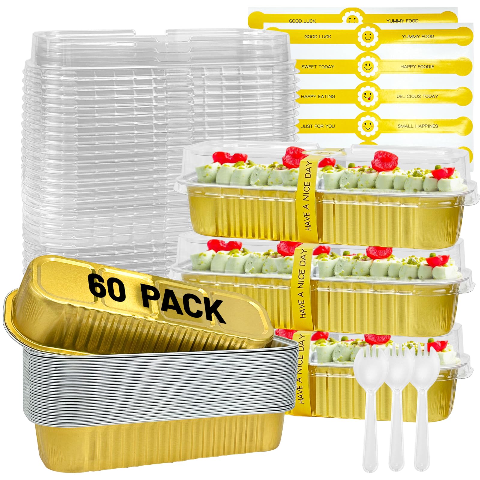 25Pack Pink Mini Cake Pans with Lids Mini Loaf Pans and Spoons and Stickers, 6.8Oz Aluminum Foil Pans Tins, Individual Dessert Cups Containers for Sales,Party,Picnics