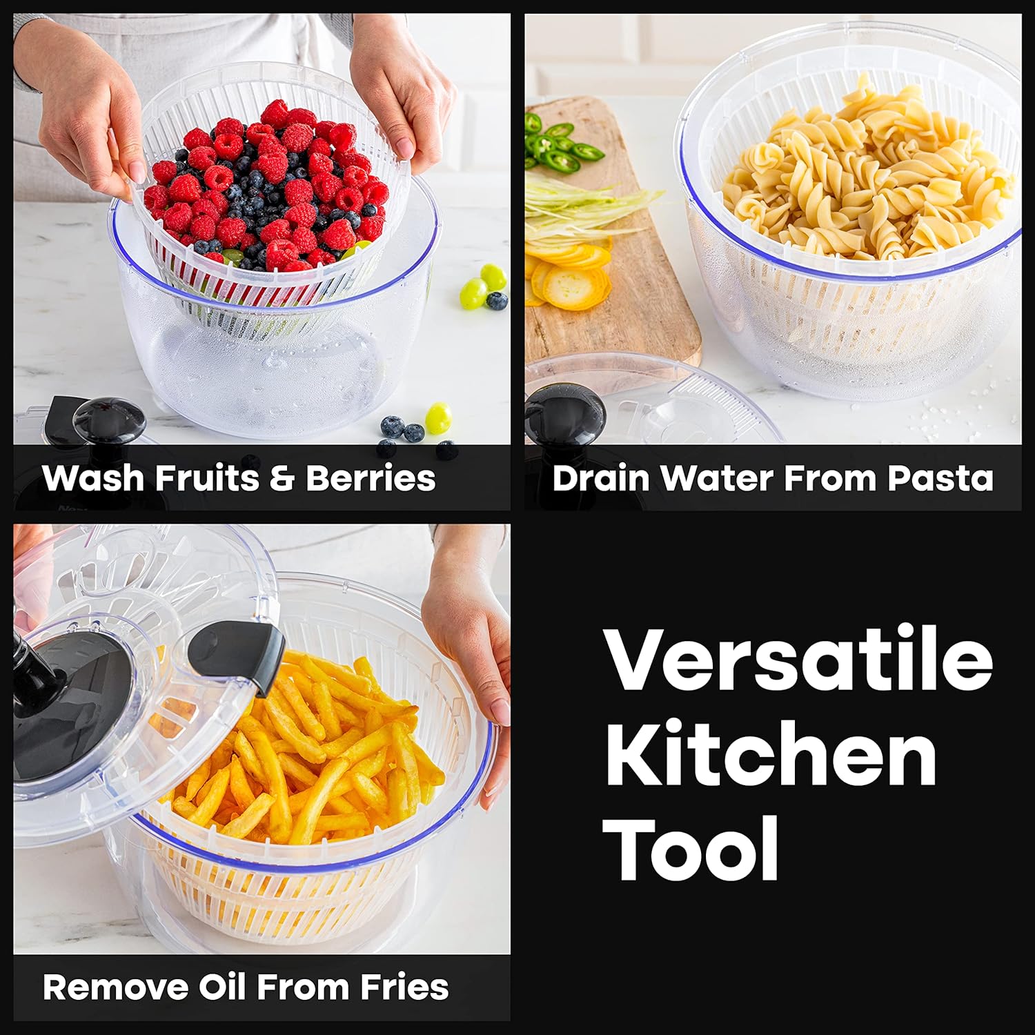 Joined Salad Spinner with Drain, Bowl, and Colander - Quick and Easy Multi-Use Lettuce Spinner, Vegetable Dryer, Fruit Washer, Pasta and Fries Spinner - 3.7 Qt